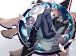  1boy absurdres ai_(blacktea_milk) black_footwear blue_hair boots closed_eyes closed_mouth envelope flower genshin_impact highres kaeya_(genshin_impact) long_hair long_sleeves own_hands_together pants paper 