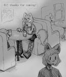  anthro black_and_white black_bottomwear black_clothing black_pants boots bottomwear cafe canid canine canis clothing comic comic_panel date dating dialogue dialogue_speech_bubble dog_boy(mevka) domestic_dog duo female footwear fox fox_girl(mevka) furniture goth male mammal mevka_(artist) monochrome pants romantic romantic_couple size_difference smile table 