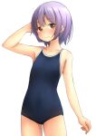  1girl arm_behind_head arm_up bangs bare_arms bare_shoulders blue_one-piece_swimsuit brown_eyes closed_mouth collarbone commentary_request cowboy_shot highres looking_at_viewer new_school_swimsuit one-piece_swimsuit original purple_eyes school_swimsuit shibacha short_hair simple_background smile solo standing swimsuit white_background 