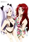  2girls absurdres bikini black_bikini breast_press breasts cleavage floral_print hand_on_hip highres kage_no_jitsuryokusha_ni_naritakute! long_hair looking_at_viewer looking_up magazine_scan megami_magazine multiple_girls navel official_art open_mouth purple_hair red_hair sarong scan simple_background small_breasts smile swimsuit thighs white_background 