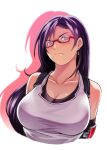  1girl angry asymmetrical_bangs bangs bare_shoulders bespectacled black_hair black_sports_bra breasts cleavage collarbone cropped_torso drop_shadow earrings elbow_pads erde00 final_fantasy final_fantasy_vii frown glasses highres jewelry large_breasts long_hair red-framed_eyewear red_eyes semi-rimless_eyewear shirt sleeveless sleeveless_shirt solo sports_bra straight_hair tifa_lockhart upper_body white_background white_shirt 