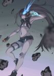  1girl a_type823 armpits asymmetrical_hair bikini bikini_top_only black_bikini black_footwear black_gloves black_hair black_rock_shooter black_rock_shooter:_dawn_fall black_rock_shooter_(character) black_shorts blue_eyes blurry blurry_foreground flaming_eye floating_hair gloves grey_background highres holster long_hair midriff navel purple_sky short_shorts shorts solo sports_bikini stomach swimsuit thigh_holster twintails very_long_hair 