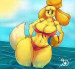  2022 abs animal_crossing anthro beach big_breasts bikini breasts canid canine canis clothing cutie_mark digital_media_(artwork) domestic_dog dreamerknight eyelashes female fur hand_on_hip hasbro huge_hips isabelle_(animal_crossing) looking_at_viewer mammal my_little_pony nintendo seaside shih_tzu solo swimwear thick_thighs toy_dog video_games wide_hips yellow_body yellow_fur 