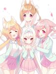  4girls ^_^ amamiya_aki amamiya_mei animal_ear_fluff animal_ears blazer blonde_hair braid breasts cherry_blossoms closed_eyes cynthia_riddle fox_ears fox_girl hair_ornament hair_scrunchie hairclip hands_on_another&#039;s_shoulders highres jacket light_brown_hair long_hair low_twintails medium_breasts medium_hair milia_leclerc mofu-mofu_after_school mofumofu_channel multiple_girls necktie one_side_up open_mouth p19 petals pink_eyes pink_hair pink_skirt pleated_skirt purple_eyes rabbit_ears rabbit_girl school_uniform scrunchie shirt simple_background skirt smile twintails vest white_background white_hair white_shirt x_hair_ornament 