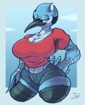  2022 absurd_res anthro avian big_breasts bird blue_body blue_feathers blue_jay bottomwear breasts cartoon_network clothing corvid crossgender curvy_figure digital_media_(artwork) dreamerknight eyelashes feathers female hi_res hourglass_figure jay_(bird) looking_aside mordecai_(regular_show) mtf_crossgender muscular muscular_female new_world_jay oscine passerine regular_show shorts small_waist solo thick_thighs voluptuous wide_hips 