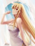  1girl ahoge bangs bare_arms blonde_hair breasts chain cleavage closed_mouth dress fate_testarossa from_side hair_between_eyes long_hair lyrical_nanoha mahou_shoujo_lyrical_nanoha mahou_shoujo_lyrical_nanoha_strikers medium_breasts profile red_eyes solo sougetsu_izuki standing straight_hair strapless strapless_dress transparent very_long_hair white_dress 