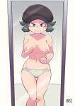  1girl artist_name bare_shoulders breasts chichibu_(watson) grabbing_own_breast green_eyes green_hair hat highres large_breasts looking_at_mirror mirror navel nipples nude panties pokemon pokemon_(game) pokemon_usum short_hair solo striped striped_panties team_rainbow_rocket_grunt underwear 