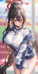  1girl absurdres black_hair black_wings blue_archive blurry blurry_background breasts buruma clipboard cowboy_shot day feathered_wings gym_uniform hair_between_eyes halo hand_in_own_hair hand_up hasumi_(blue_archive) hasumi_(gym_uniform)_(blue_archive) high_ponytail highres holding holding_clipboard jacket large_breasts long_hair long_sleeves looking_at_viewer low_wings lujang_(fudge) mole mole_under_eye multicolored_clothes multicolored_jacket off_shoulder official_alternate_costume open_clothes open_jacket outdoors parted_lips red_eyes see-through shirt sleeves_past_fingers sleeves_past_wrists solo sunlight sweat thighs track_and_field track_jacket two-tone_jacket very_long_hair wet wet_clothes wet_shirt white_shirt wings 
