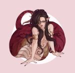  1girl abs armlet black_hair bracelet fingernails green_eyes hair_over_breasts highres jewelry lamia laurencin-draws long_hair monster_girl pointy_ears red_nails sharp_fingernails shin_megami_tensei slit_pupils topless 