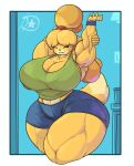  2022 absurd_res animal_crossing anthro big_breasts big_muscles bottomwear breasts canid canine canis cleavage clothed clothing crop_top digital_media_(artwork) domestic_dog dreamerknight eyelashes eyes_closed female fluffy fluffy_tail fur hi_res huge_biceps huge_breasts huge_hips huge_muscles huge_thighs isabelle_(animal_crossing) mammal muscular muscular_female muscular_thighs nintendo shih_tzu shirt shorts solo stretching thick_thighs topwear toy_dog video_games yellow_body yellow_fur 