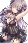  arm_behind_head armpits babydoll black_babydoll black_choker black_panties black_underwear choker covered_navel gothic_lolita grey_hair hair_ornament hair_ribbon highres hime_cut lingerie lolita_fashion long_hair looking_at_viewer missile228 one_eye_closed panties purple_eyes ribbon seiza sitting smile straight_hair thighhighs underwear white_background 