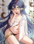  1girl absurdres black_panties blue_hair breasts choker collarbone covered_nipples dark_blue_hair ear_ornament genshin_impact hair_between_eyes hand_on_own_cheek hand_on_own_face highres layla_(genshin_impact) long_hair looking_at_viewer medium_breasts messy_hair naked_shirt navel on_bed panties partially_unbuttoned pointy_ears rosebell see-through shirt shirt_slip sitting stomach thigh_strap thighlet thighs underwear very_long_hair yellow_eyes 