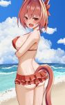  1girl absurdres alternate_hair_length alternate_hairstyle animal_ears arm_under_breasts ass bangs beach bikini blue_sky blush bow breasts brown_hair cloud commentary_request daiwa_scarlet_(trifle_vacation)_(umamusume) daiwa_scarlet_(umamusume) day fang frilled_bikini frills hair_between_eyes hair_bow hair_intakes highres horizon horse_ears horse_girl horse_tail large_breasts looking_at_viewer looking_to_the_side newon ocean open_mouth outdoors red_bikini red_bow red_eyes sand short_hair sky solo sweat swimsuit tail umamusume umamusume_summer_story_(umamusume) v-shaped_eyebrows water 