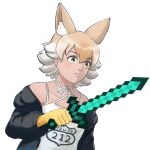  1girl absurdres animal_costume animal_ears bare_shoulders black_jacket blonde_hair ce_bluelizard coyote_(kemono_friends) extra_ears gloves highres jacket kemono_friends kemono_friends_v_project minecraft multicolored_hair parody shirt short_hair simple_background solo sword tsukiji_uogashi_sandaime virtual_youtuber weapon white_shirt wolf_ears wolf_girl yellow_eyes yellow_gloves 