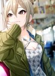  1girl blurry blurry_background blush breasts bus_interior cleavage cleavage_cutout clothing_cutout collarbone earrings fur-trimmed_jacket fur_trim green_jacket grey_hair hair_between_eyes hand_on_own_cheek hand_on_own_face highres idolmaster idolmaster_cinderella_girls jacket jewelry light_smile looking_afar medium_breasts patterned_clothing popon_ta shiomi_syuko short_hair solo upper_body 
