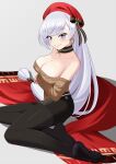  1girl aran_sweater arm_under_breasts azur_lane belfast_(azur_lane) belfast_(shopping_with_the_head_maid)_(azur_lane) beret black_skirt breast_hold breasts brown_sweater cleavage earrings hat highres hoop_earrings jewelry large_breasts lemon_kele long_hair no_shoes off-shoulder_sweater off_shoulder pantyhose purple_eyes red_headwear red_shawl seiza shawl sitting skirt sweater white_hair 