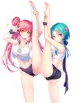  2girls absurdres aqua_hair ass bangs barefoot black_bow black_panties black_scrunchie bow breasts cameltoe character_request closed_mouth crop_top from_side hair_bow hair_intakes hair_ornament highres hougyou_ilia jewelry lalazyt leg_lift leg_up long_hair looking_at_viewer midriff multiple_girls panties polka_dot polka_dot_scrunchie purple_eyes ring scrunchie shiny shiny_hair simple_background small_breasts soles solo split standing standing_on_one_leg standing_split tokyo_necro underwear white_background wrist_scrunchie 