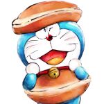  1:1 2019 anthro blue_body blue_fur clothing costume domestic_cat doraemon doraemon_(character) dorayaki felid feline felis food front_view fur looking_at_viewer machine male mammal mt_tg one_eye_closed open_mouth red_nose robot shaded simple_background solo standing tongue whiskers white_background white_body white_fur 