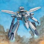  aircraft airplane artist_name canopy_(aircraft) clenched_hand commentary english_commentary fighter_jet gerwalk gun gunpod hector_trunnec helmet highres holding holding_gun holding_weapon jet macross macross_zero mecha military military_vehicle non-humanoid_robot painting_(medium) robot science_fiction sky smoke solo thrusters traditional_media variable_fighter vehicle_focus vf-0s watercolor_(medium) weapon 