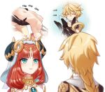  1boy 1girl aether_(genshin_impact) bangs blonde_hair blunt_bangs blurry breasts clapping depth_of_field english_text fake_horns genshin_impact green_eyes hair_between_eyes headpiece horns long_hair looking_at_another low_ponytail low_twintails luizhtx misunderstanding nilou_(genshin_impact) nipples out-of-frame_censoring out_of_frame red_hair sex short_sleeves sidelocks simple_background small_breasts smile thought_bubble torso_grab twintails veil white_background 