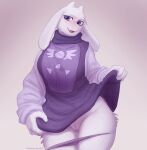 2022 absurd_res anthro boss_monster bovid caprine clothed clothing clothing_lift dress dress_lift female front_view fur genitals hi_res horn long_ears looking_at_viewer mammal maxmushroom panties panties_down partially_clothed portrait purple_eyes pussy simple_background solo standing three-quarter_portrait toriel undertale undertale_(series) underwear underwear_down video_games white_background white_body white_fur 
