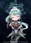  1girl bangs breasts chest_jewel co_09vrg earrings gloves greek_text green_hair highres jewelry large_breasts long_hair pneuma_(xenoblade) ponytail solo swept_bangs tiara very_long_hair xenoblade_chronicles_(series) xenoblade_chronicles_2 