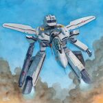  aircraft airplane artist_name canopy_(aircraft) clenched_hand commentary english_commentary fighter_jet gerwalk gun gunpod hector_trunnec helmet holding holding_gun holding_weapon jet macross macross_zero mecha military military_vehicle non-humanoid_robot painting_(medium) robot science_fiction sky smoke solo thrusters traditional_media variable_fighter vehicle_focus vf-0s watercolor_(medium) weapon 