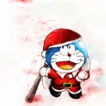  1:1 2018 anthro bat_(object) belt blood blood_on_weapon blue_body blue_fur bodily_fluids boots christmas christmas_clothing christmas_headwear clothing costume domestic_cat doraemon doraemon_(character) felid feline felis footwear front_view fur hat headgear headwear holidays looking_at_viewer machine male mammal mt_tg open_mouth red_clothing red_nose robot sack santa_costume santa_hat shaded snow solo standing tongue weapon whiskers white_body white_fur 