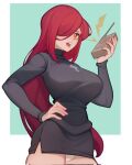  1girl bagjunba_(qkrgk198) breasts cross_print hair_over_one_eye hand_on_hip highres large_breasts long_hair open_mouth orange_eyes panties pantyshot parasoul_(skullgirls) red_hair skullgirls solo teeth underwear upper_teeth walkie-talkie white_panties 