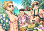  abs absurdres apron bara beard blonde_hair blue_eyes buzz_cut chair chef_hat chicken_(food) choji_(gyee) closed_eyes cloud cloudy_sky coconut collared_shirt crab drink facial_hair food fruit gyee hat highres kusakyuu44 large_pectorals long_hair looking_at_viewer male_focus manly mature_male mike_(gyee) mountain muscular muscular_male nipples ocean open_clothes open_shirt outdoors palm_tree pectorals peter_(gyee) pineapple plate rainbow rice sauce seafood shirt short_hair sky smile spiked_hair sunglasses t-shirt table tree very_short_hair water 