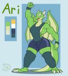  2022 anthro ari_(dreamerknight) big_muscles bottomwear breasts clothing digital_media_(artwork) dragon dreamerknight exercise_clothing eyelashes female fitness green_body green_scales hi_res horn looking_at_viewer membrane_(anatomy) membranous_wings model_sheet muscular scales scalie shorts solo thick_thighs wide_hips wings yellow_eyes 
