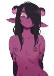  @_@ barbell_piercing black_hair breasts closed_mouth colo_(nagrolaz) completely_nude demon_girl fang fang_out hair_over_one_eye horns long_hair looking_at_viewer monster_girl navel nipple_piercing nude one_eye_covered original paralysis_demon_(colo_(nagrolaz)) piercing pink_eyes pointy_ears simple_background small_breasts smile smug white_background 