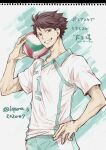  1boy aoba_johsai_volleyball_uniform aqua_shorts ball cowboy_shot grin haikyuu!! harachigai_no_tarako holding holding_ball looking_at_viewer male_focus oikawa_tooru_(haikyuu!!) shirt short_sleeves shorts smile solo sportswear standing teeth volleyball volleyball_uniform white_shirt 