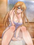  1girl bangs bare_arms bare_legs between_legs blonde_hair blush breasts cleavage closed_mouth collarbone fang fang_out frown green_eyes hair_between_eyes hand_between_legs ikkitousen indoors large_breasts leaning_forward long_hair looking_at_viewer messy_hair naked_towel shiny shiny_hair shiny_skin sitting solo sonsaku_hakufu steam straight_hair towel v-shaped_eyebrows very_long_hair 