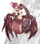  1girl absurdres arachnid arm_up arthropod_girl bangs bare_shoulders breasts carapace cleavage closed_mouth collarbone colored_skin commentary_request full_body grey_skin highres horns looking_at_viewer medium_breasts monster_girl multiple_legs navel original pincers red_eyes red_hair scales scorpion_girl shitoi_(aqua1487) short_hair sidelocks smile standing stinger stomach sweat taur white_background 