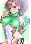  1girl absurdres arion_canvas bangs bare_shoulders bishoujo_senshi_sailor_moon breasts brown_hair circlet covered_navel earrings elbow_gloves flower_earrings gem gloves green_eyes green_gemstone hair_bobbles hair_ornament highres jewelry large_breasts lips medium_hair ponytail sailor_jupiter sidelocks simple_background smile solo taimanin_suit white_background 