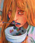  1girl ashima_rose blonde_hair bowl cereal chainsaw_man cross-shaped_pupils eating froot_loops hair_between_eyes highres holding holding_bowl holding_spoon long_hair looking_at_viewer power_(chainsaw_man) shirt solo spoon symbol-shaped_pupils white_shirt yellow_eyes 