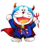  1:1 2018 absurd_res anthro bell blue_body blue_fur button_(fastener) cape clothed clothing domestic_cat doraemon doraemon_(character) felid feline felis fur hi_res holding_object horn looking_at_viewer machine male mammal mt_tg open_mouth raised_arms red_nose robot shaded simple_background solo tongue whiskers white_background white_body white_fur 