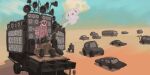  1girl black_skirt bocchi_the_rock! desert fugota6509 gotou_hitori ground_vehicle guitar highres hood hoodie instrument mad_max mad_max:_fury_road motor_vehicle pink_hair pink_hoodie sand skirt solo speaker the_doof_wagon the_doof_warrior truck 