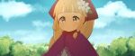  1girl arc_s0222 arc_the_lad arc_the_lad_ii blonde_hair braid brown_eyes closed_mouth cloud flower hair_flower hair_ornament head_scarf lieza_(arc_the_lad) long_hair solo tree 