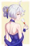  1girl absurdres ahoge backless_dress backless_outfit bare_shoulders blue_dress border closed_mouth commentary_request cup double_bun dress drinking_glass grey_eyes grey_hair gundam gundam_suisei_no_majo hair_bun hair_ornament halter_dress halterneck highres holding holding_cup looking_at_viewer looking_back miorine_rembran outside_border solo turning_head upper_body white_border wrist_flower zawa_(user_ndkv3377) 