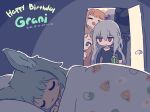  1other 4girls :&lt; :3 =_= ambiguous_gender animal_ears archetto_(arknights) arknights asicah bagpipe_(arknights) blue_eyes blush_stickers brown_hair character_name chibi closed_eyes dated doctor_(arknights) door dragon_horns gift grani_(arknights) grey_hair happy_birthday holding holding_gift horns horse_ears horse_girl jitome long_hair lying mask multiple_girls on_side orange_hair peeking red_eyes skadi_(arknights) sleeping u_u under_covers uwu very_long_hair 