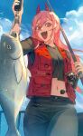  1girl black_shirt blue_sky chainsaw_man crop_top cross-shaped_pupils demon_horns fish fishing fishing_rod highres holding holding_fishing_rod horns morry open_mouth pants pink_hair power_(chainsaw_man) red_horns sharp_teeth shirt sky sky_background smile solo symbol-shaped_pupils teeth yellow_eyes 