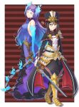  2girls blue_fire breasts brighid_(xenoblade) closed_eyes curvy dlllll_lllllb dress elbow_gloves fiery_hair fire gloves highres large_breasts long_hair morag_ladair_(xenoblade) multiple_girls purple_dress purple_hair thighhighs very_long_hair weapon whip_sword xenoblade_chronicles_(series) xenoblade_chronicles_2 