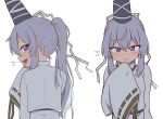  1girl :d black_headwear closed_mouth english_commentary fang grey_eyes grey_hair hat long_hair long_sleeves looking_at_viewer looking_back mononobe_no_futo multiple_views open_mouth ponytail ribbon-trimmed_sleeves ribbon_trim sidelocks simple_background sleeves_past_wrists smile tate_eboshi touhou upper_body white_background wool_(miwol) 