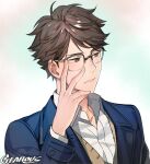  1boy artist_name blue_coat brown_eyes brown_hair coat collarbone collared_shirt gearous glasses haikyuu!! hand_on_own_face long_sleeves male_focus oikawa_tooru_(haikyuu!!) shirt solo white_shirt 