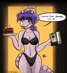  anthro black_lipstick breasts cake ceratopsian clothed clothing dessert dialogue dinosaur doorway ear_piercing ear_ring english_text facial_horn female food freckles freckles_on_breasts game_boy game_boy_family goodbye_volcano_high hair horn lipstick looking_at_viewer makeup nintendo ornithischian piercing plate purple_body purple_eyes purple_hair reptile ring_piercing scalie seven_(artist) snoot_game_(fan_game) solo speech_bubble talking_to_viewer text thick_thighs triceratops trish_(gvh) underwear video_games 