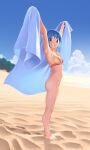  1girl absurdres armpits arms_up ass barefoot beach beach_towel bikini blue_eyes blue_hair blue_sky bottomless breasts cloud english_commentary footprints from_side front-tie_bikini_top front-tie_top gloamy grin groin highres looking_at_viewer magia_record:_mahou_shoujo_madoka_magica_gaiden mahou_shoujo_madoka_magica medium_breasts miki_sayaka miki_sayaka_(swimsuit_costume) multicolored_bikini multicolored_clothes outdoors red_bikini sand short_hair sidelighting sky smile solo standing striped striped_bikini swimsuit thighs towel yellow_bikini 