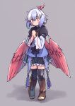  1girl bird_wings black_thighhighs blue_hair blush boots brown_footwear feathered_wings full_body grey_background horns knee_boots layered_sleeves long_sleeves multicolored_hair parted_lips rangycrow red_eyes red_wings short_hair short_over_long_sleeves short_sleeves simple_background solo thighhighs tokiko_(touhou) touhou two-tone_hair white_hair wings 