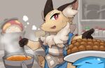  anthro asian_clothing black_pepper blue_clothing blush canid canine clothed clothing cooking cygames east_asian_clothing female food fox fungus fur hi_res inner_ear_fluff japanese_clothing k_busho kemono kimono kitchen kitchen_utensils ladle mammal mushroom neck_tuft red_eyes salt shirano smile solo soup tools tuft world_flipper 